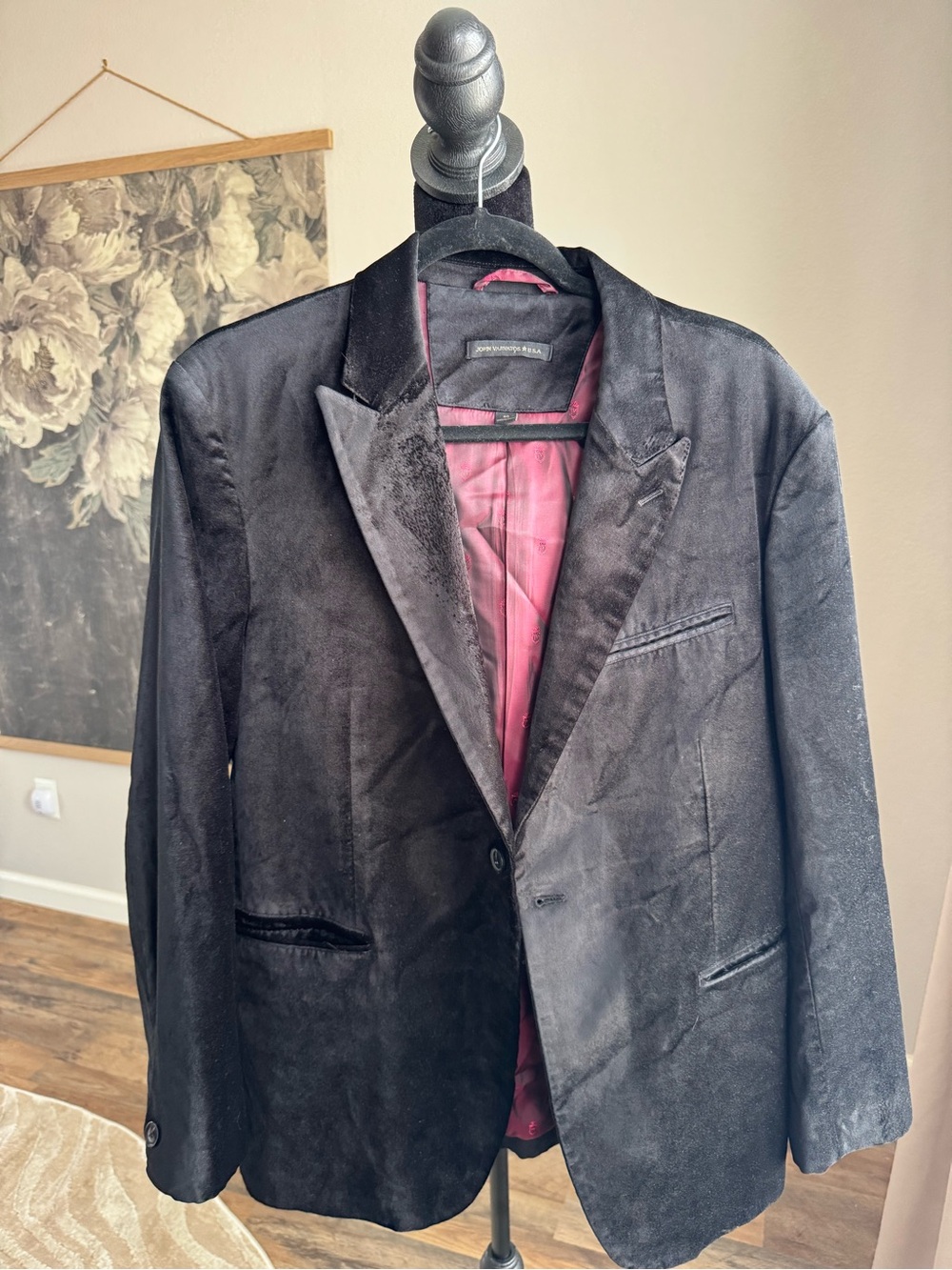 John Varvatos Black Velvet Blazer with Pink Lining